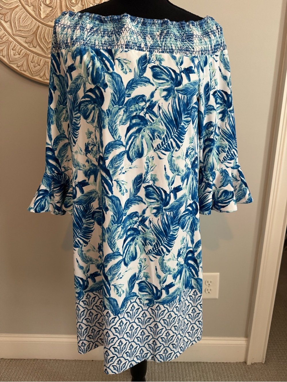 Like new- size medium Cabana Life Off-Shoulder Blue Floral Women's Dress